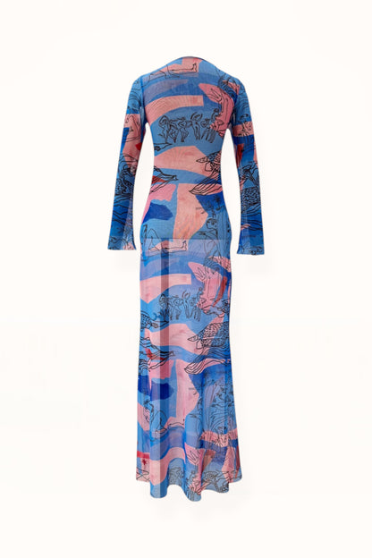 V-NECK MESH DRESS - "EDEN PRINT" | BLUE & PINK 