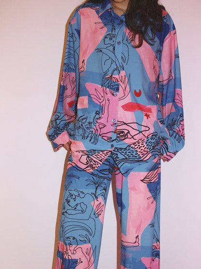 STRAIGHT CUT PANTS - "EDEN PRINT" | BLUE & PINK 