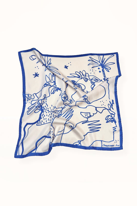 SILK SQUARE SCARF - “ARCADIA PRINT” | BLUE & OFF WHITE
