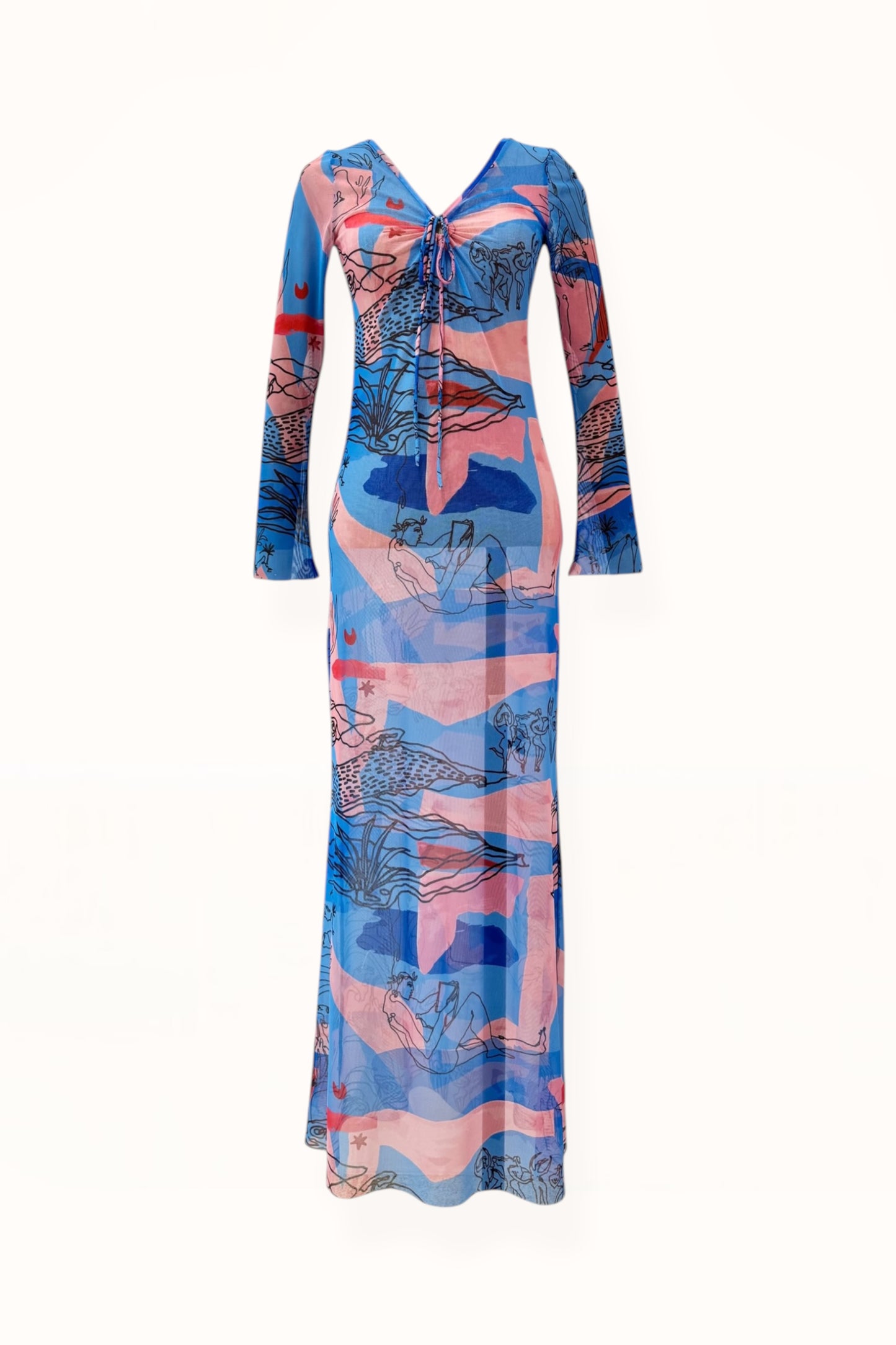 V-NECK MESH DRESS - "EDEN PRINT" | BLUE & PINK 