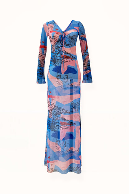 V-NECK MESH DRESS - "EDEN PRINT" | BLUE & PINK 