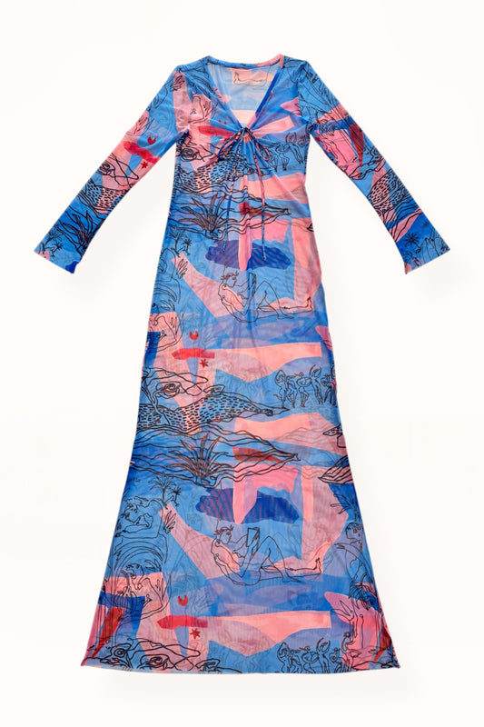 V-NECK MESH DRESS - "EDEN PRINT" | BLUE & PINK 