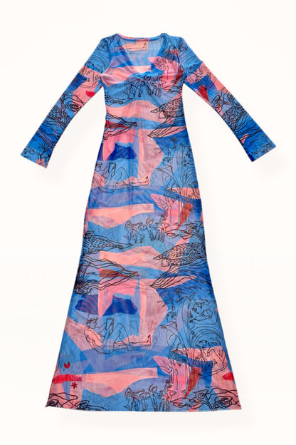 V-NECK MESH DRESS - "EDEN PRINT" | BLUE & PINK 